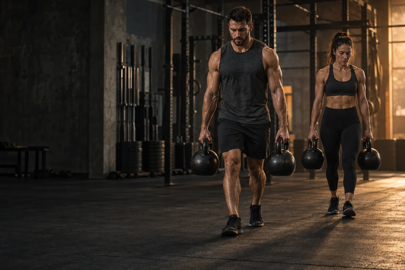 Ein Mann und eine Frau trainieren mit Kettlebells in einem funktionellen Trainingsbereich